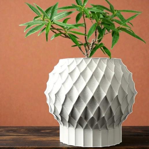 3D Printed Diamond Faceted Plant Pot, Modern White PLA Planter